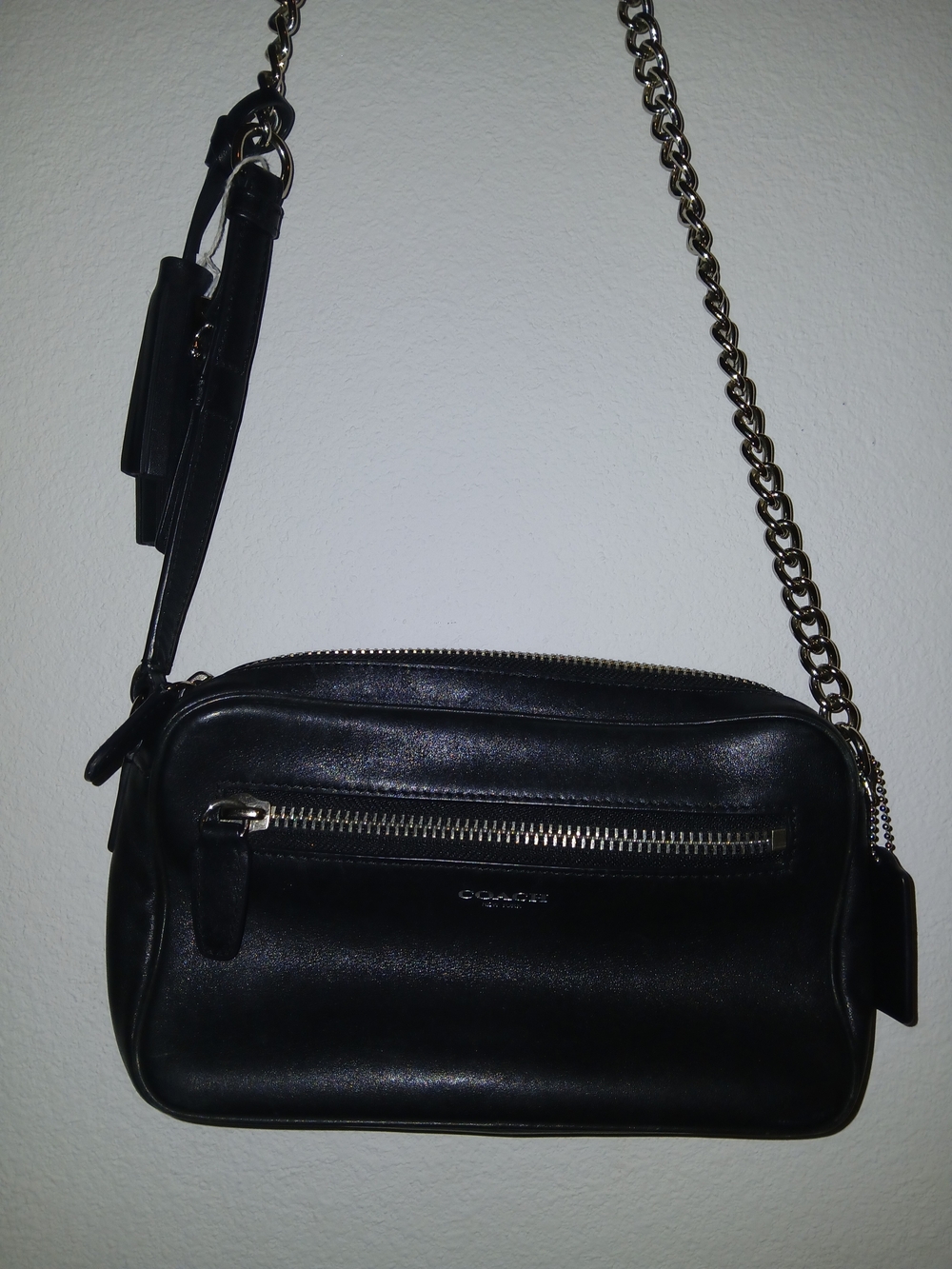 Coach Black Leather Crossbody Bag with Chain Strap